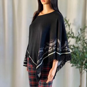Black Fringe Knit Poncho Top Lace Trim Asymmetrical Festival Cape Boho Witchy S